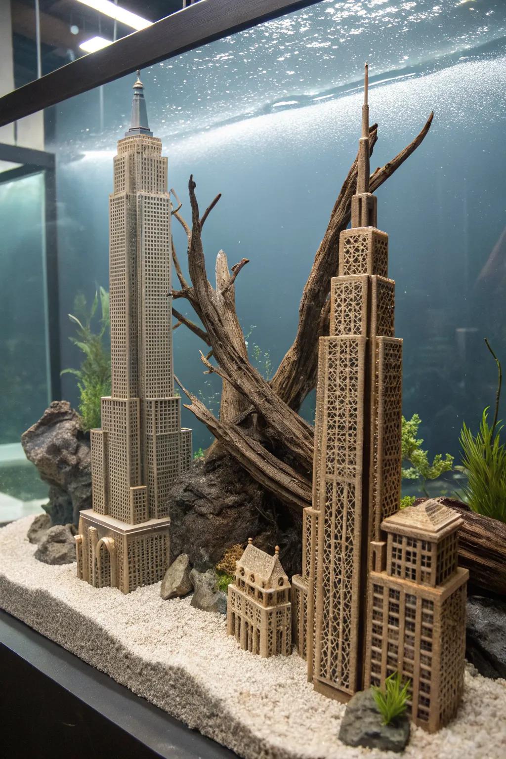 A captivating modern underwater cityscape aquarium featuring geometric timber.