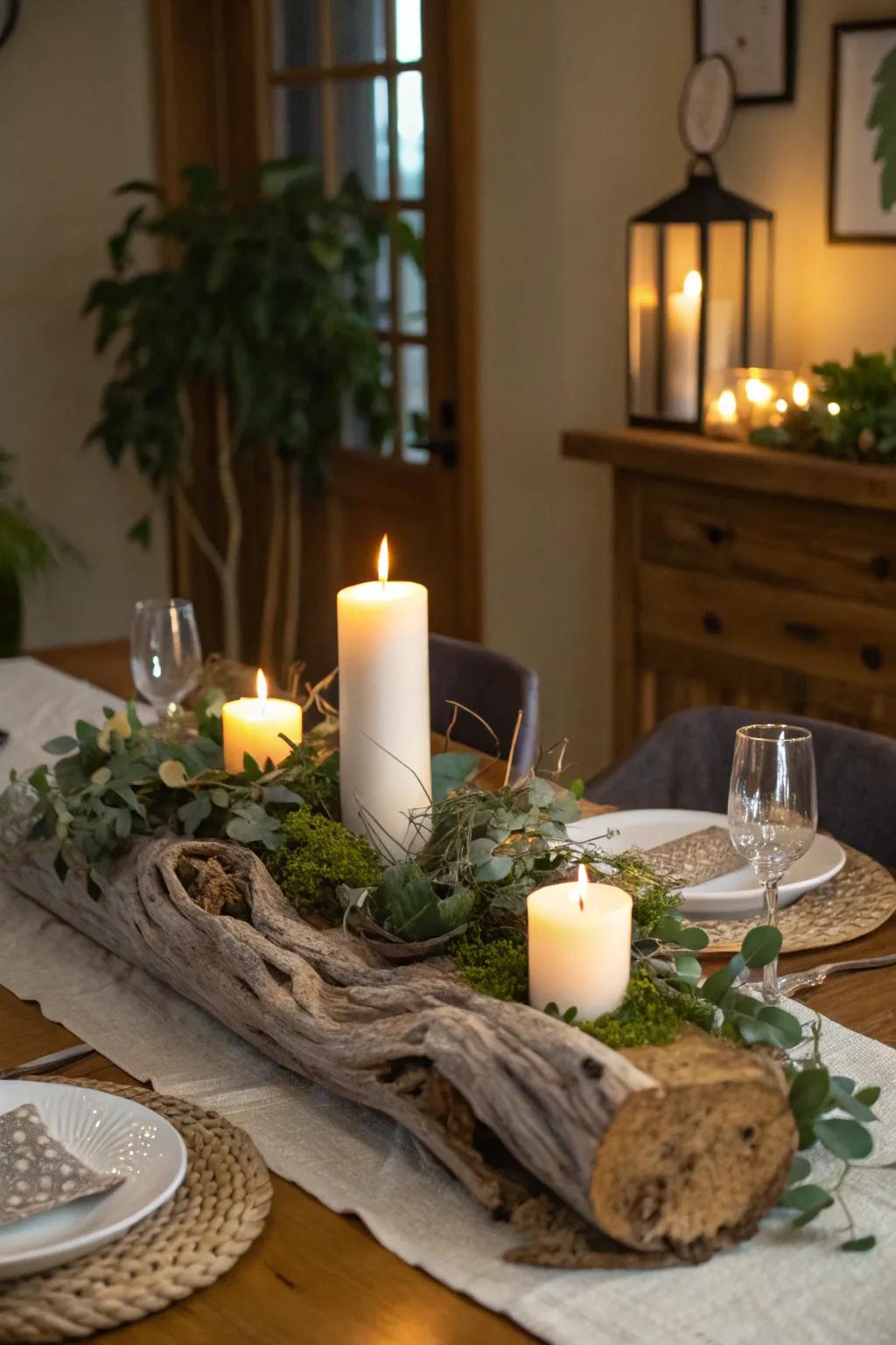 Create a captivating table setting with a found-wood centerpiece.