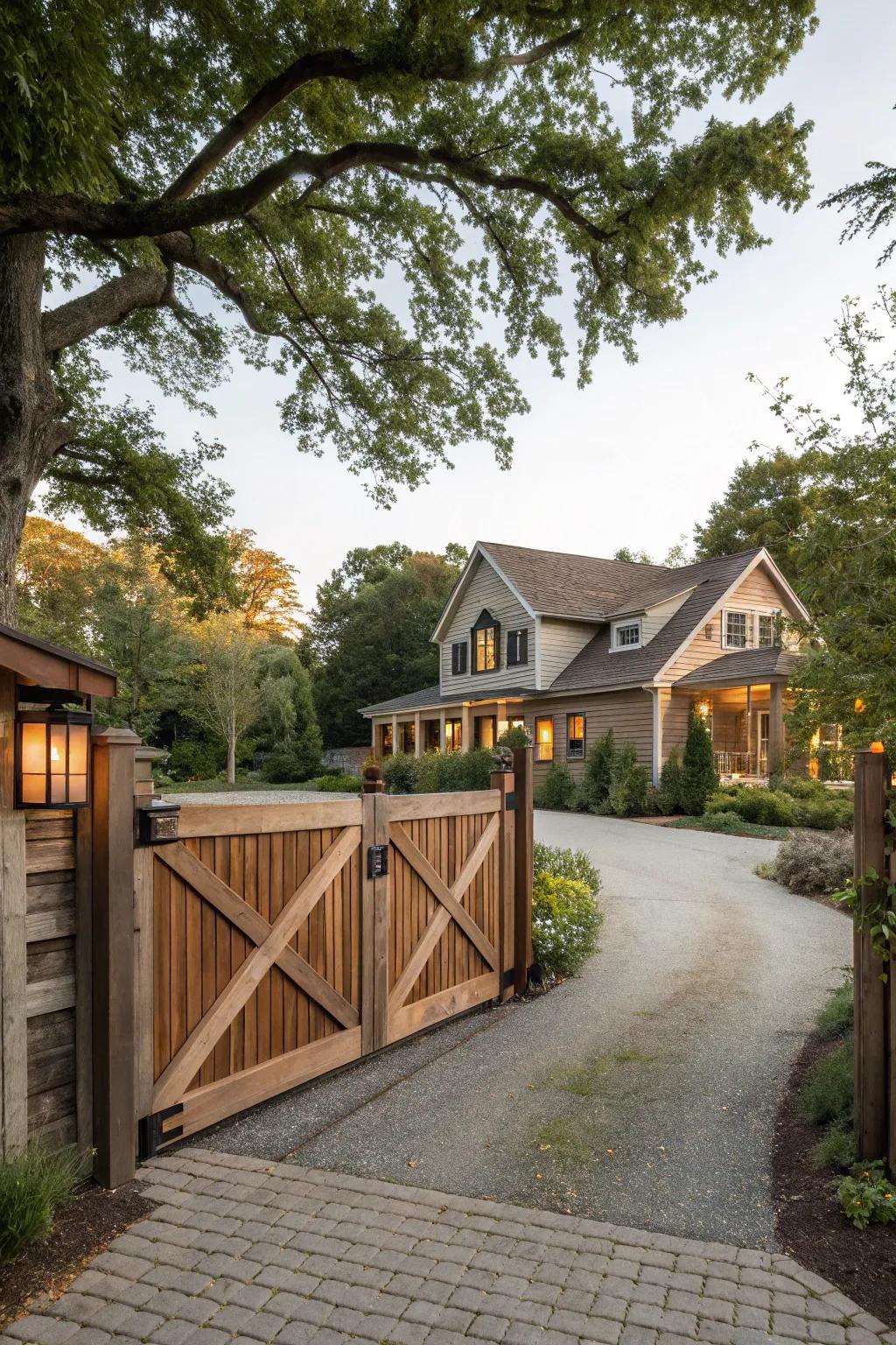 A modern homestead gate that blends rustic charm with contemporary style.