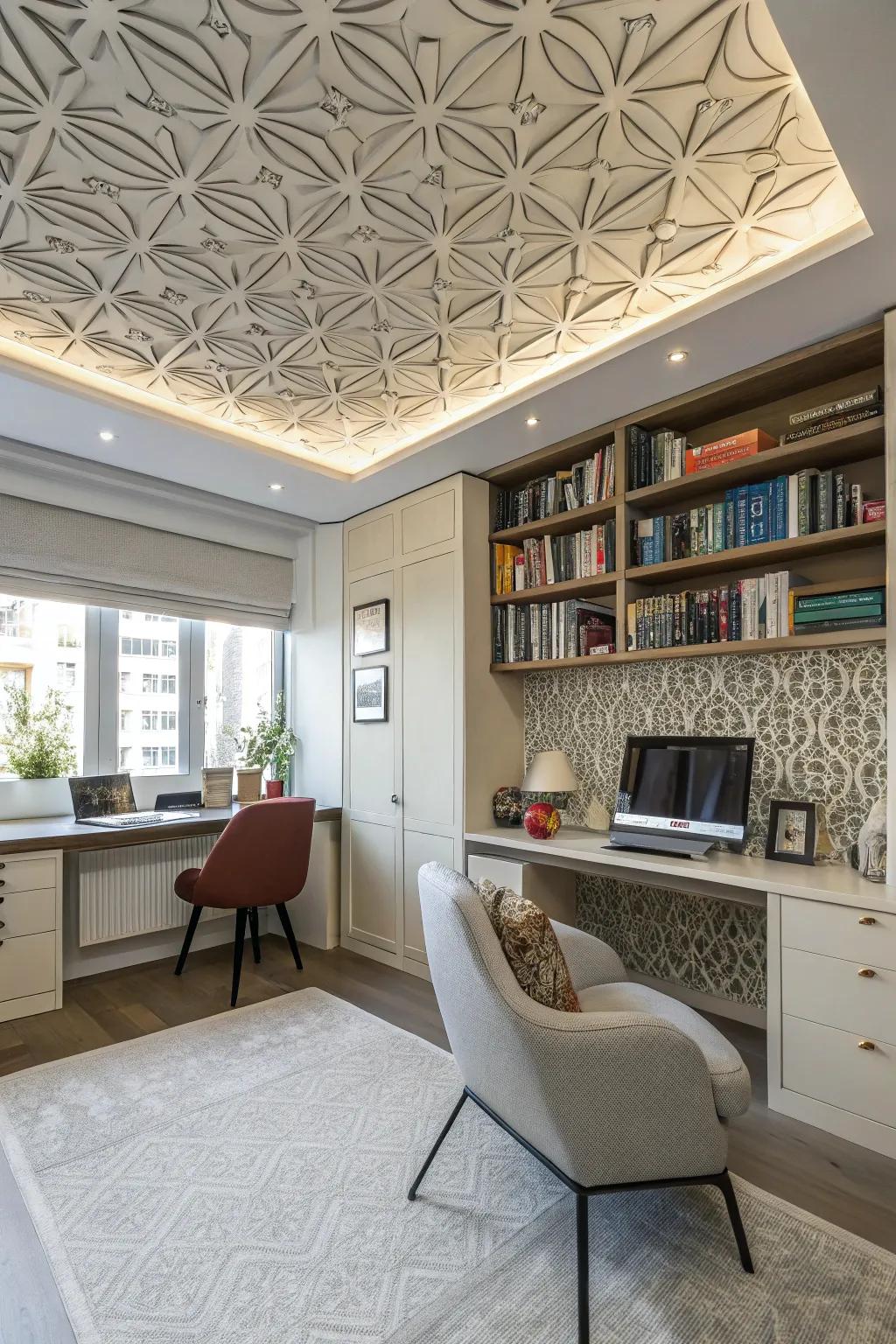 Contemporary style with geometric pattern ceiling squares.