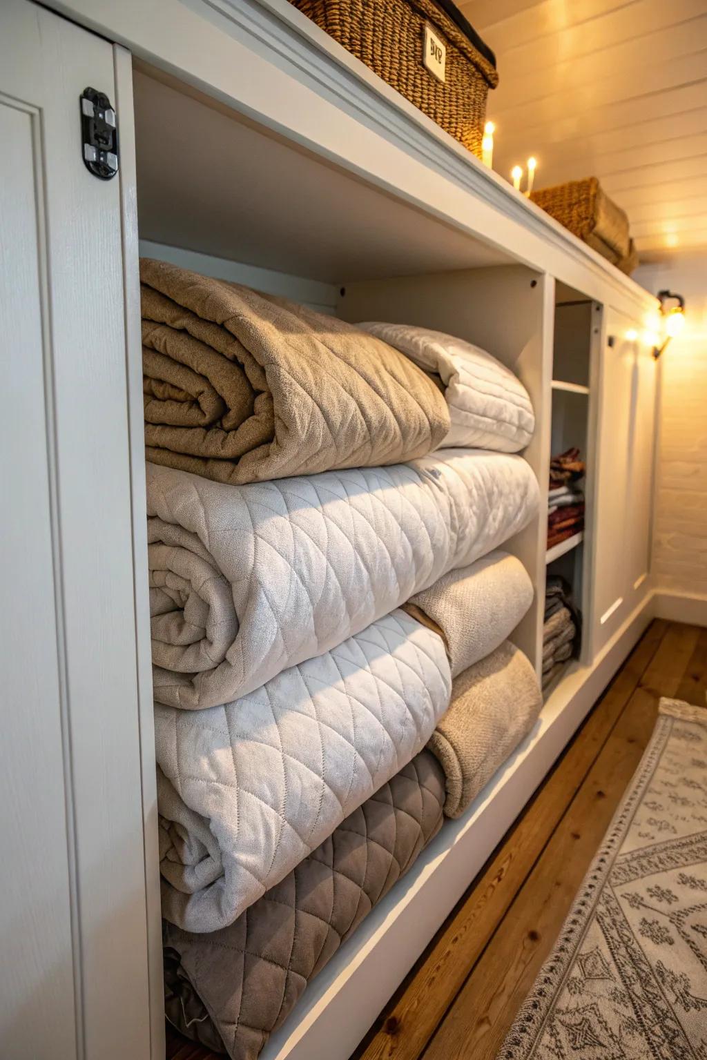 A hidden nook offers a clever storage solution for comforters.