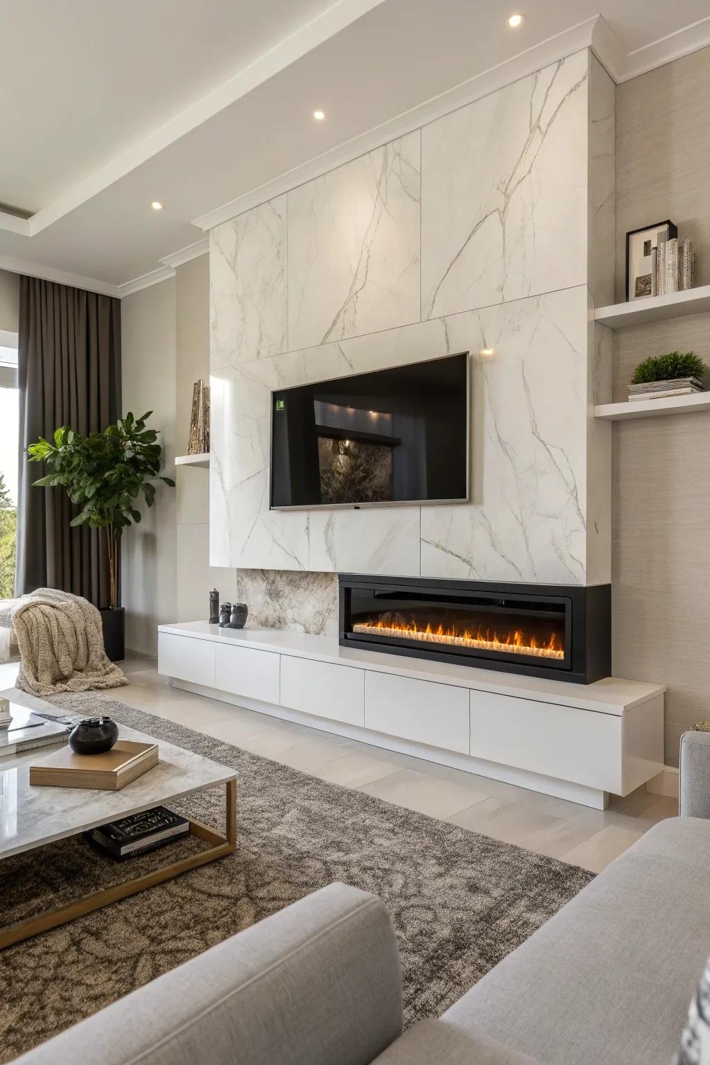 A recessed wall mount creates a seamless look for an electric fire feature.