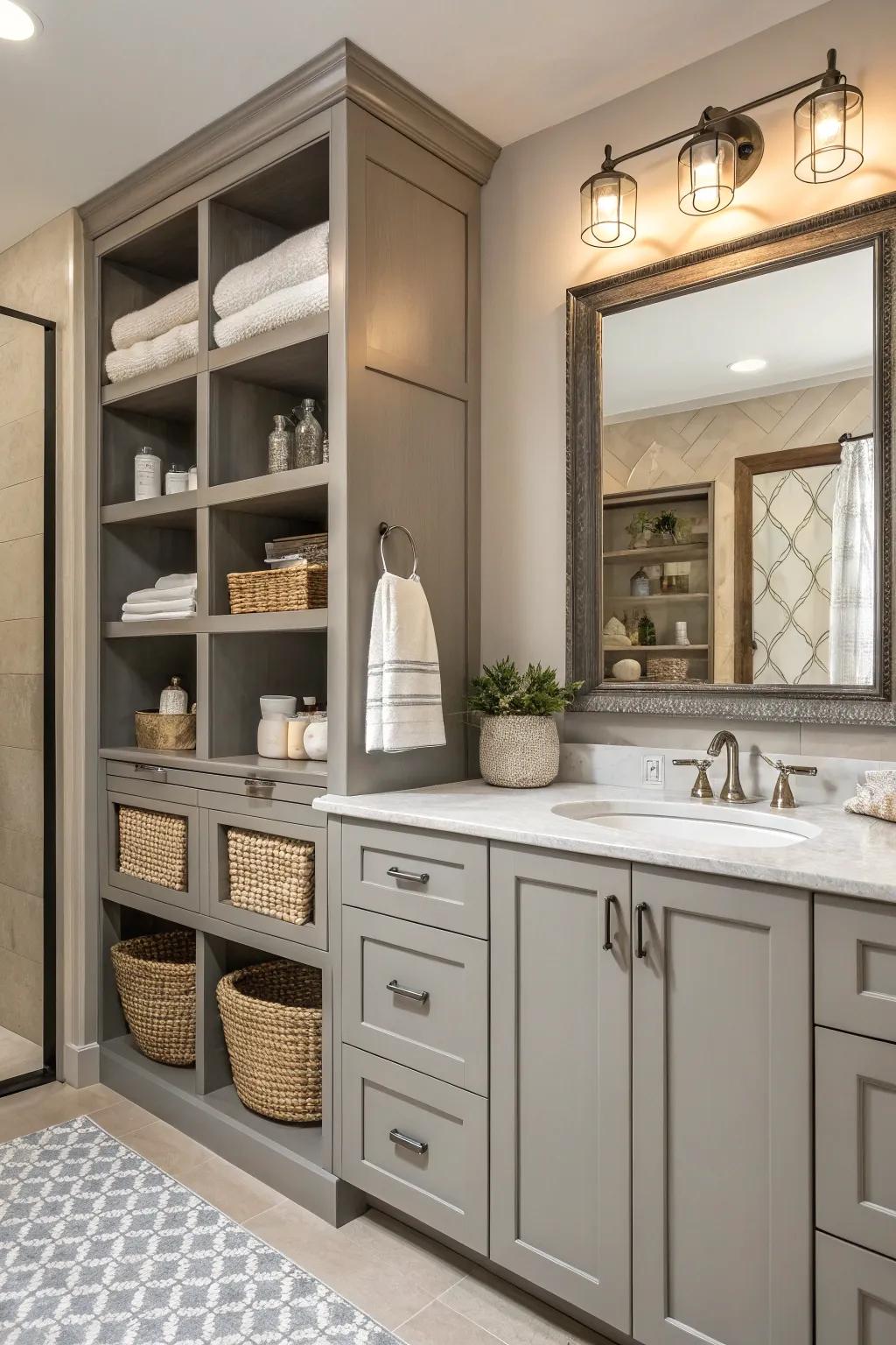 Bespoke storage solutions preserve elegance in this bathroom.