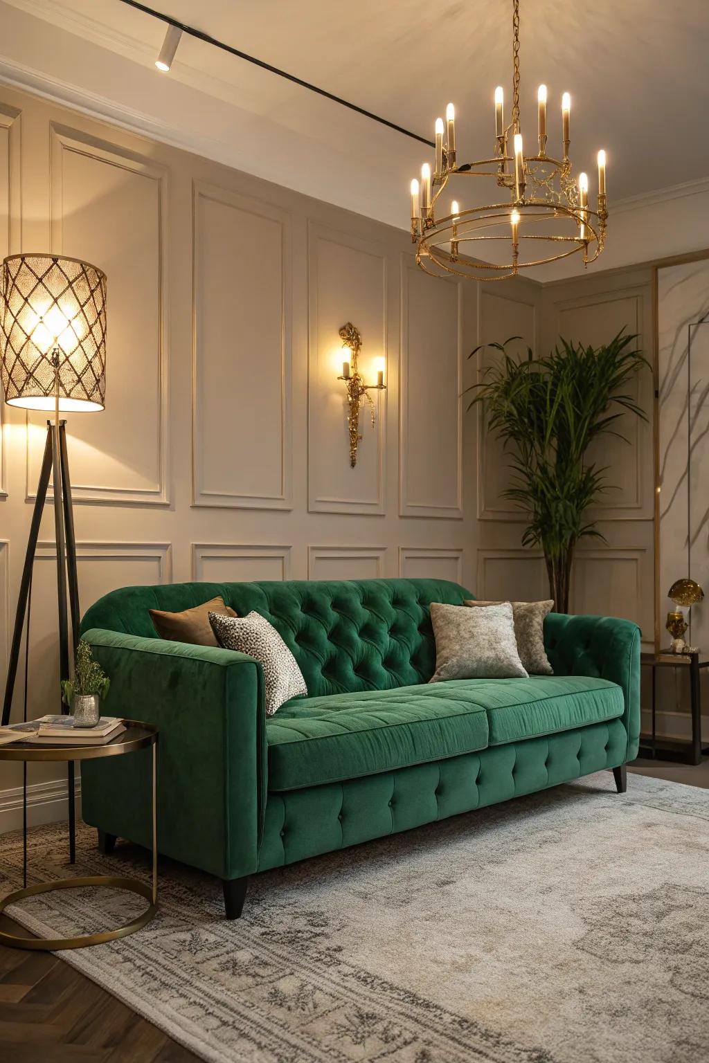 Creative lighting makes the verdant couch pop.