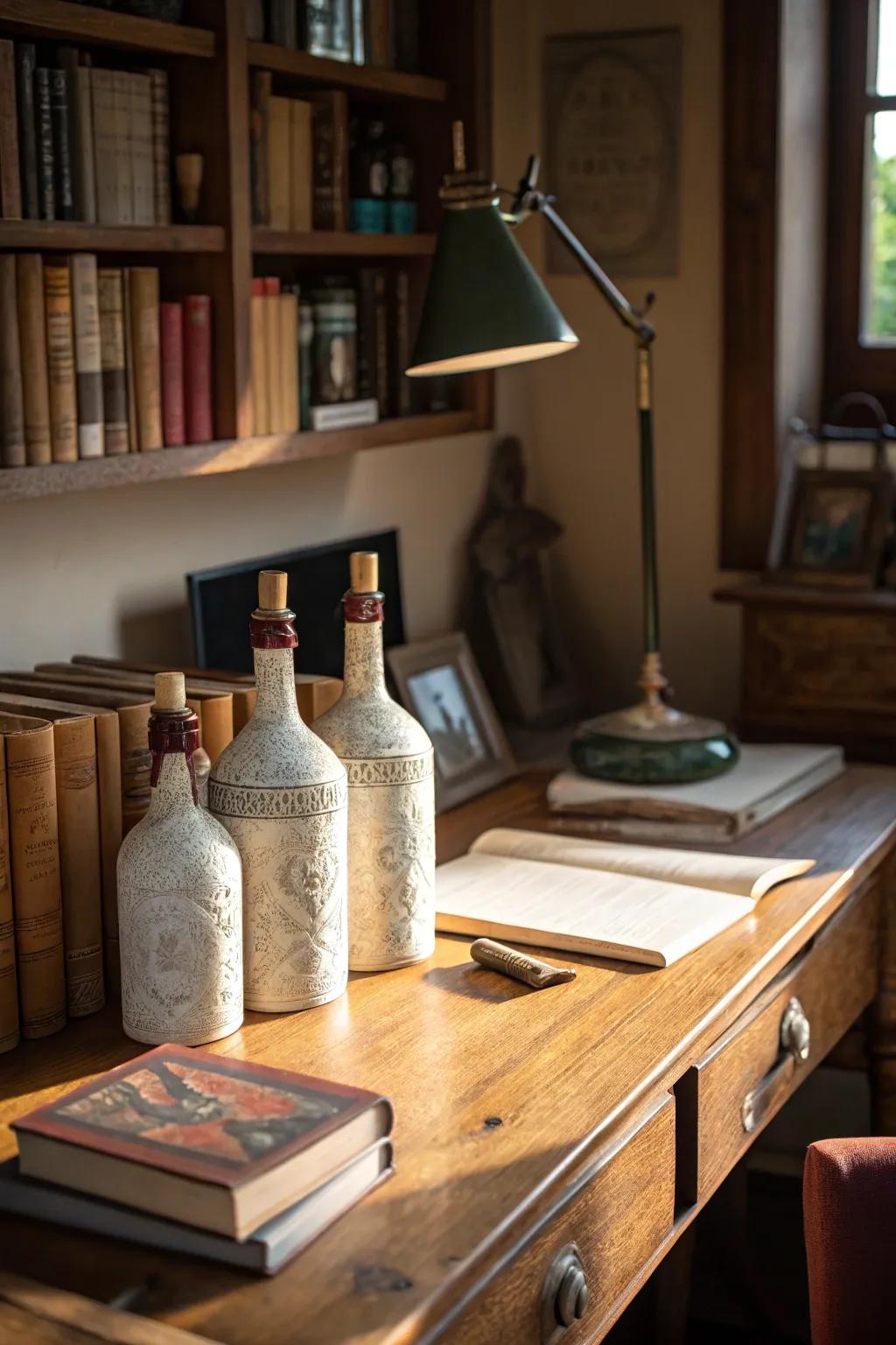 Achieve an artisan style using faux pottery bottle finishes.