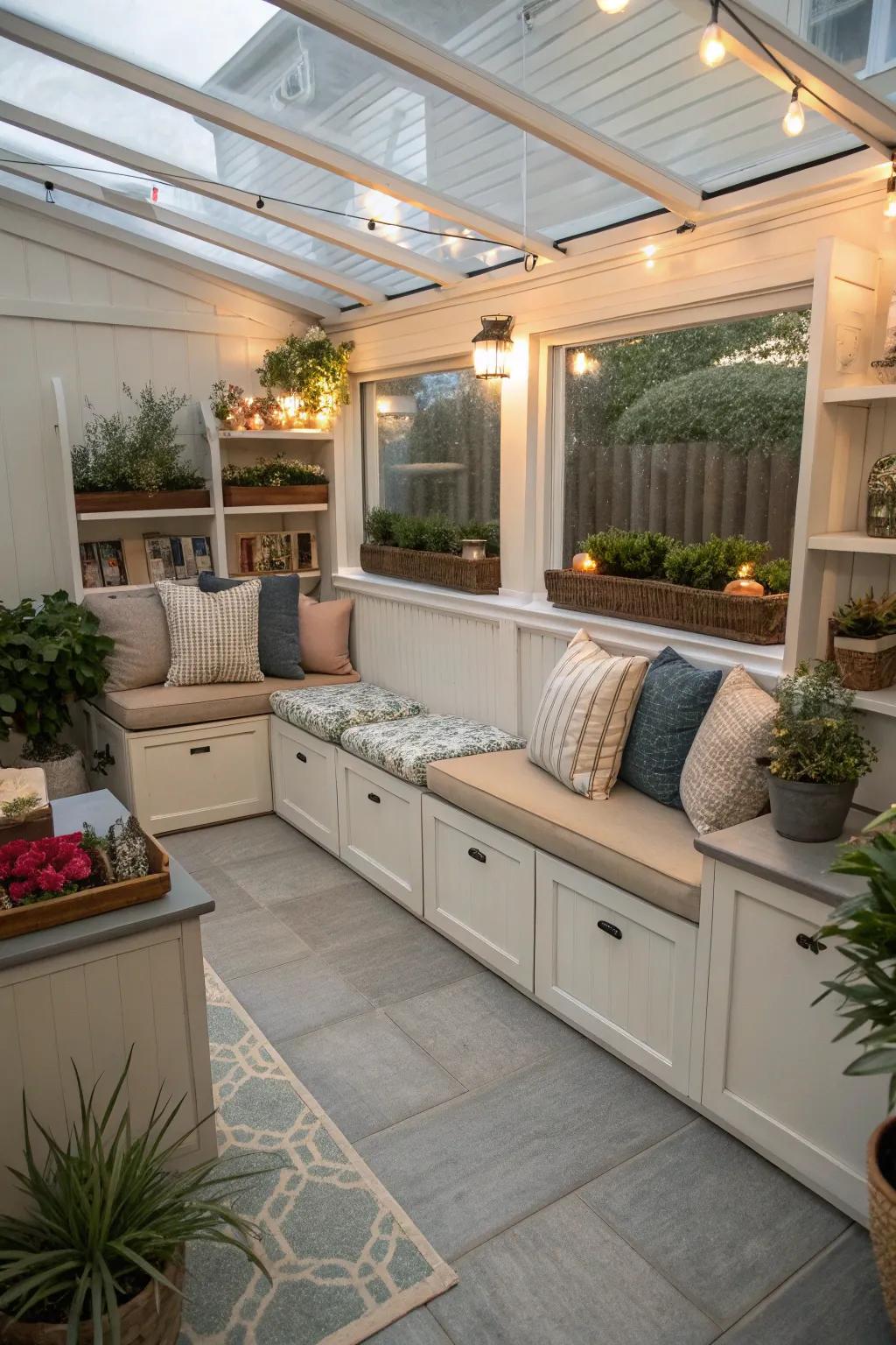 A neat and organized patio with integrated keeping places.