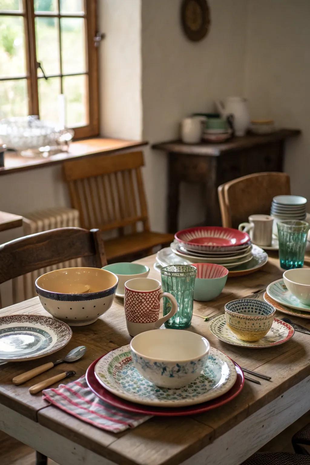 Unique tableware adds a cozy, eclectic nuance.