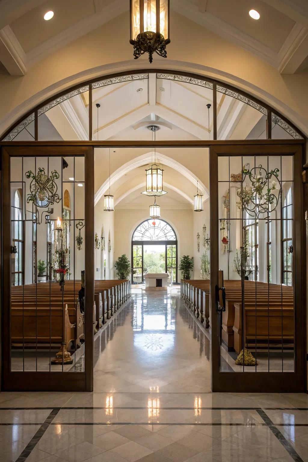 Glass in the church lobby makes an open and connected atmosphere.