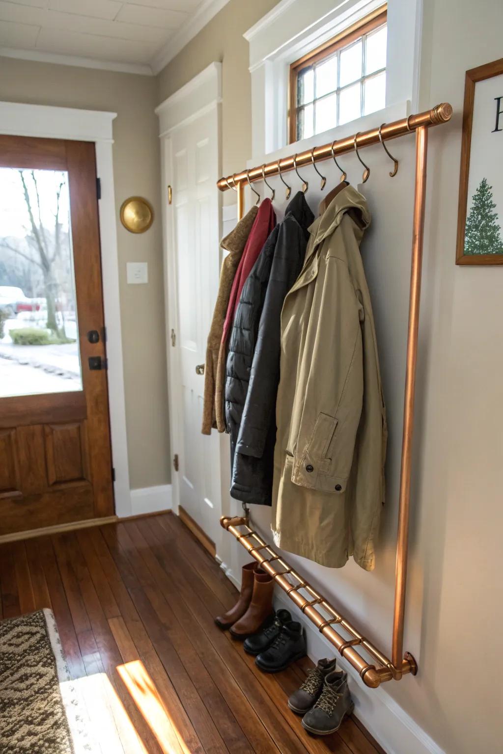 Make a rack from copper pipes for an industrial look.