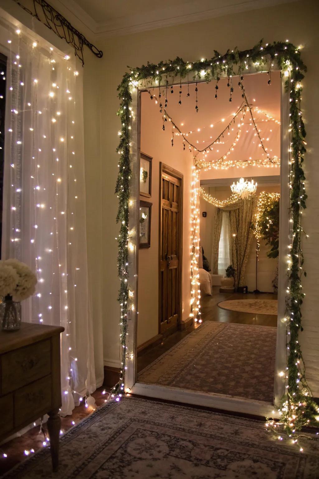 A foyer with fairy lights adding a whimsical and magical ambiance.