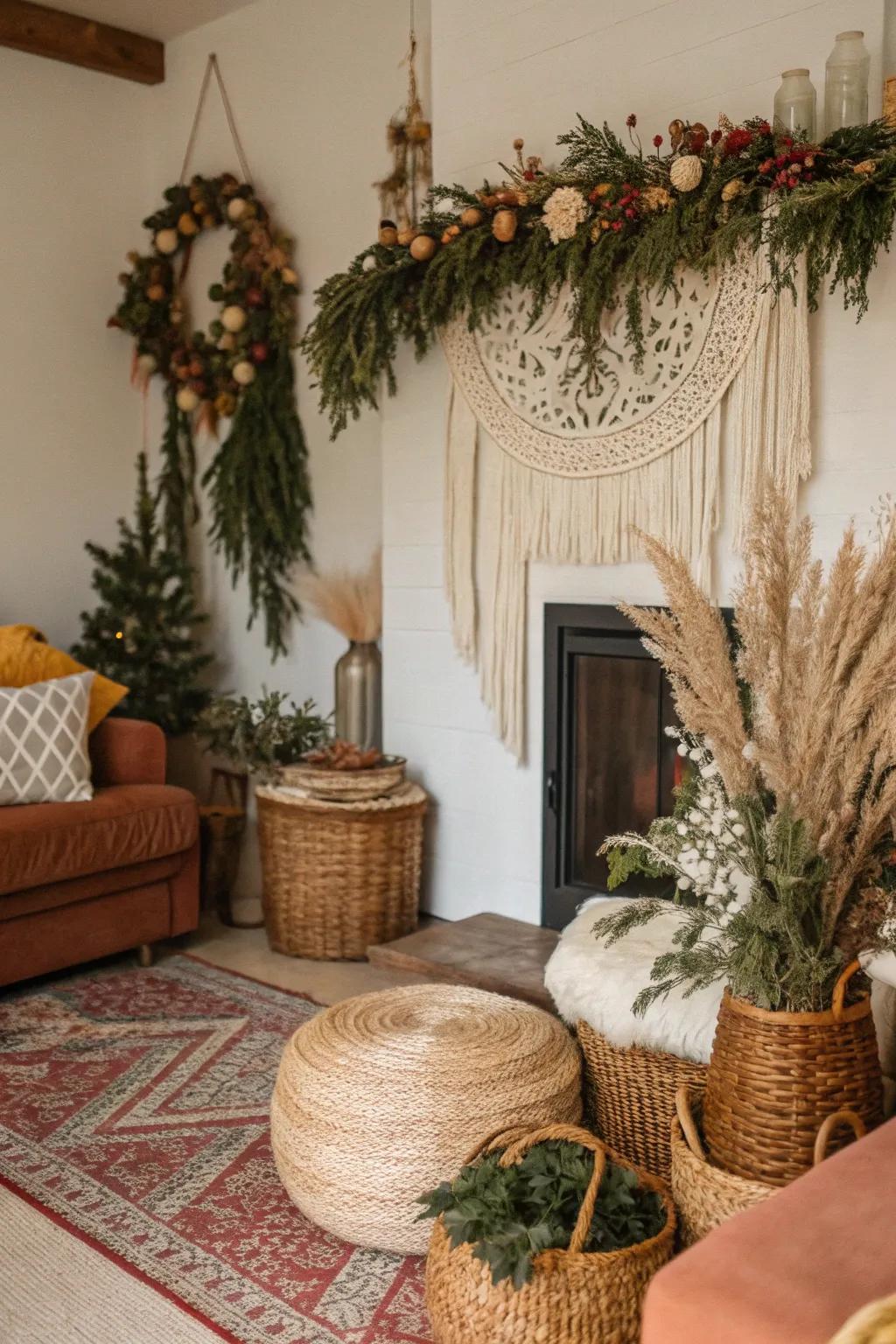 A bohemian swag featuring dried flowers in a living room.