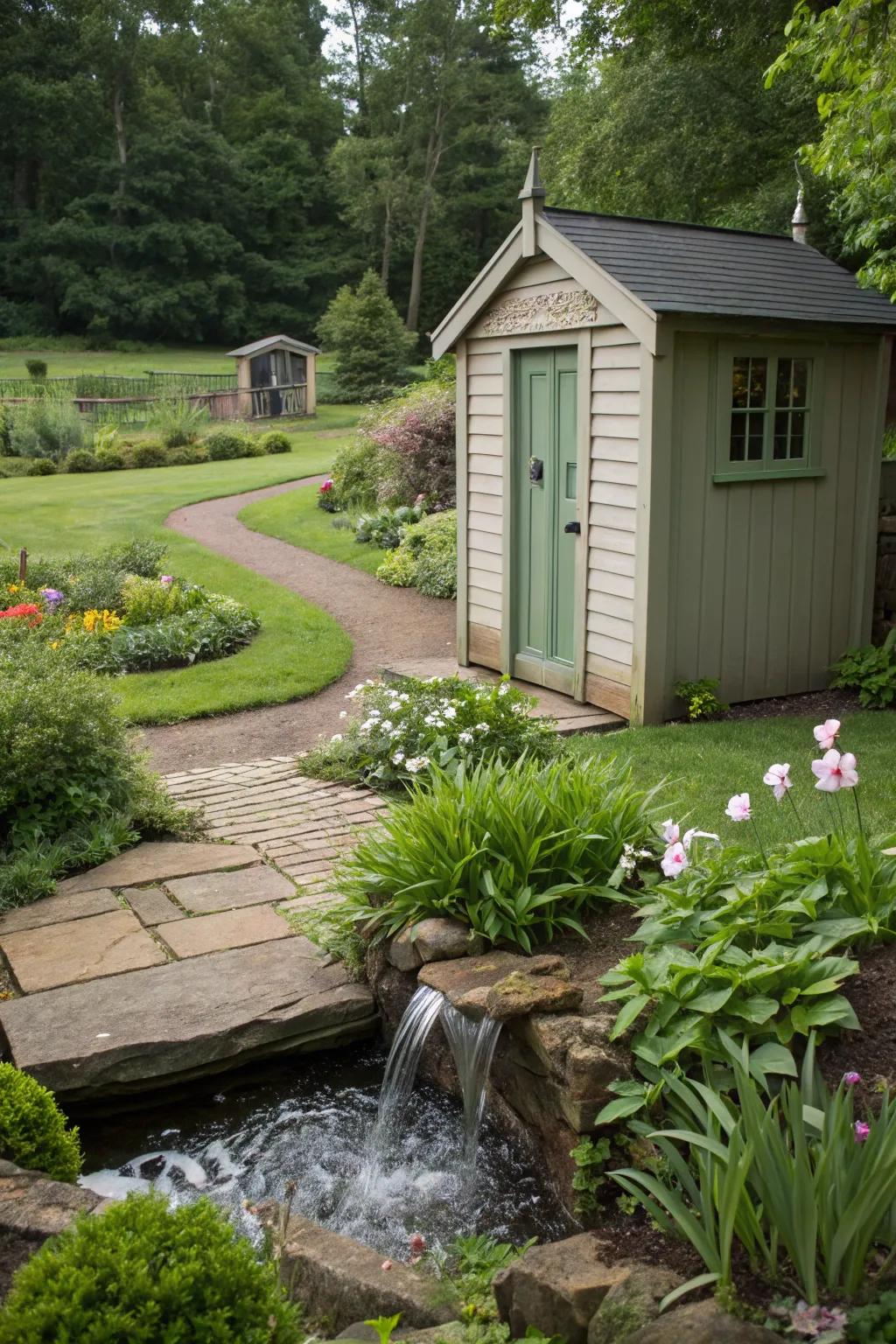 A water feature contributes tranquility and charm.