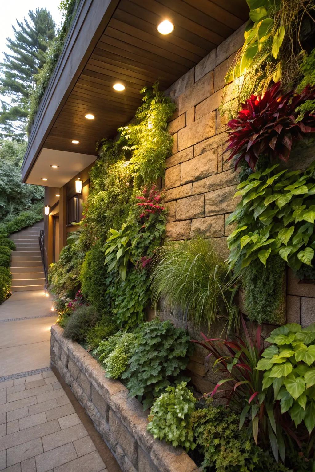 A vibrant vertical garden infuses life into a walkout basement wall.