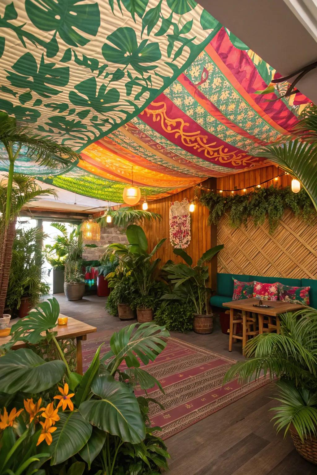 Escape to paradise with tropical fabric ceiling designs.