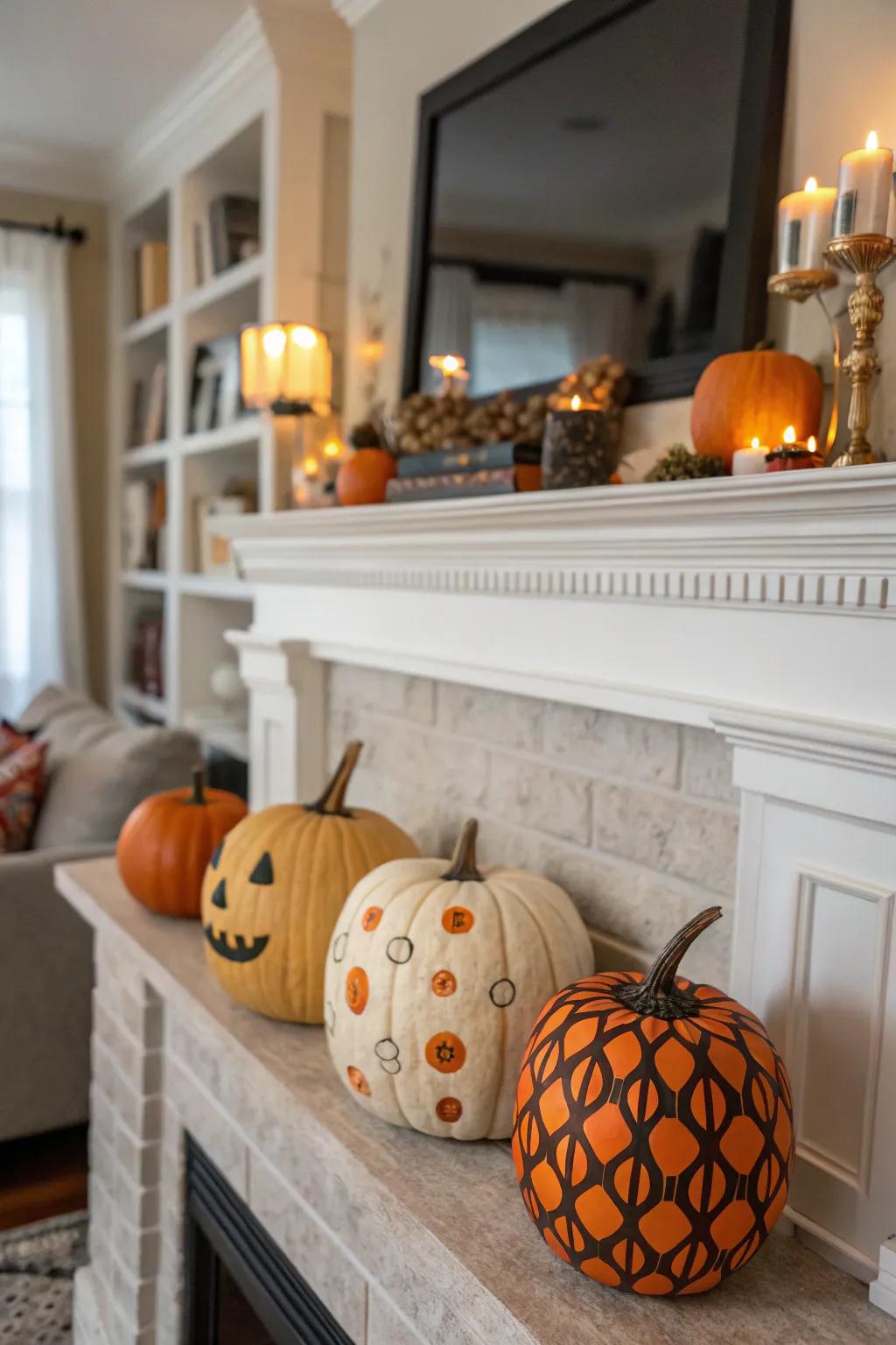 A fall mantel with creatively decorated squashes.