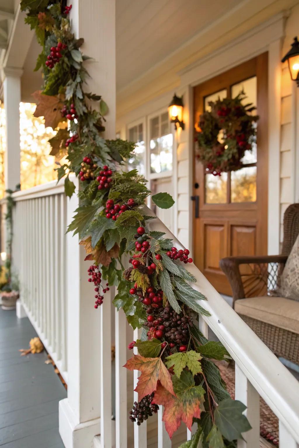 Seasonal strands with foliage and berries add charm to your porch decorations.