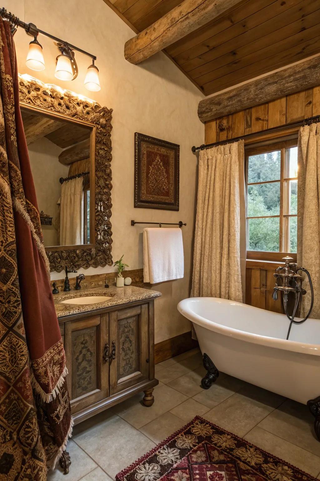 In a country bathroom, the rustic theme can be elevated with a dash of glamor.