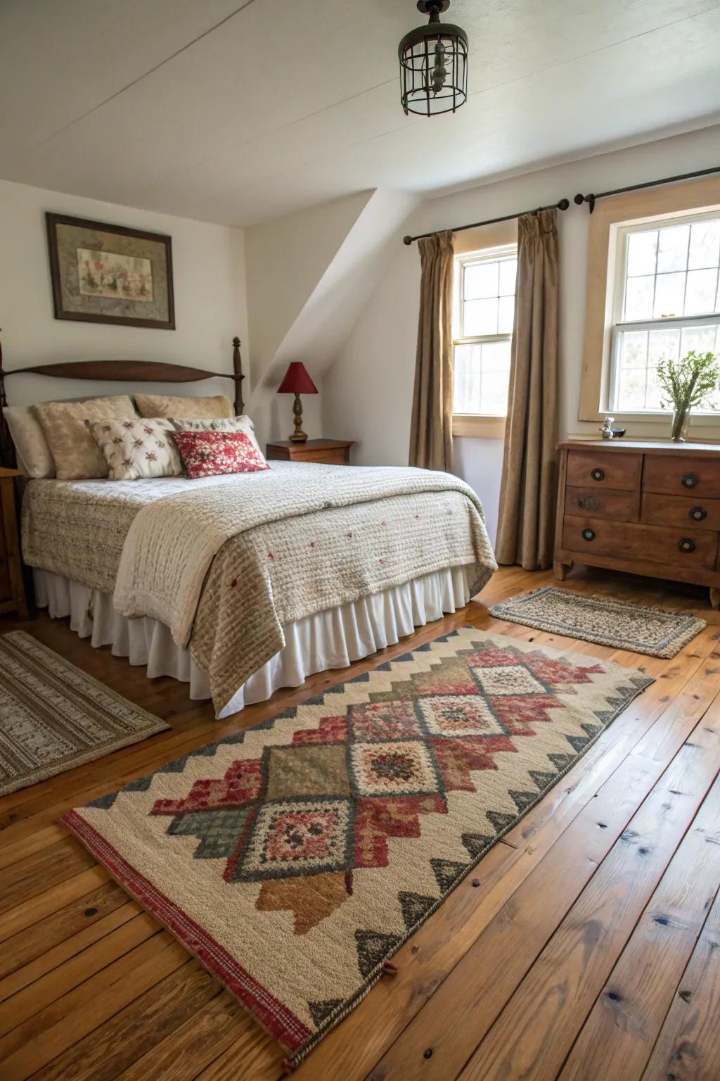 Superimposed rugs contribute to a cozy and textured feel.
