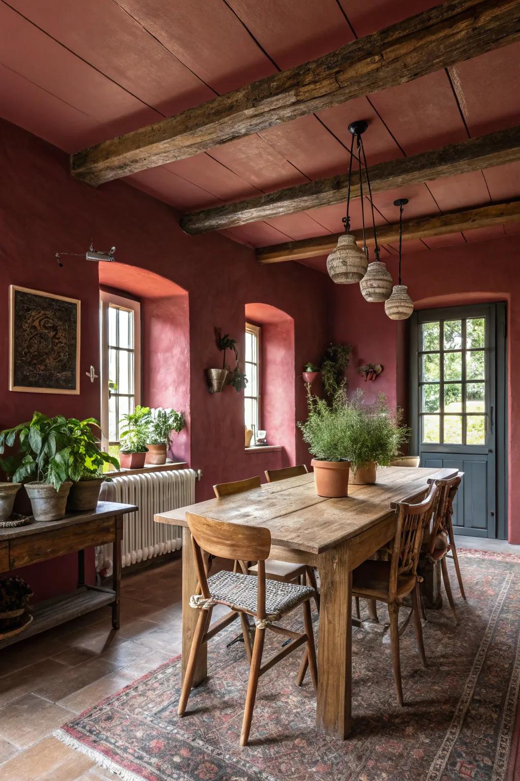 Total color saturation creates a dramatic effect in this farmhouse dining room.