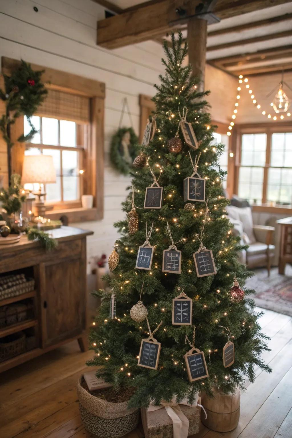 Small chalkboard decorations introduce a customizable touch to this tree.