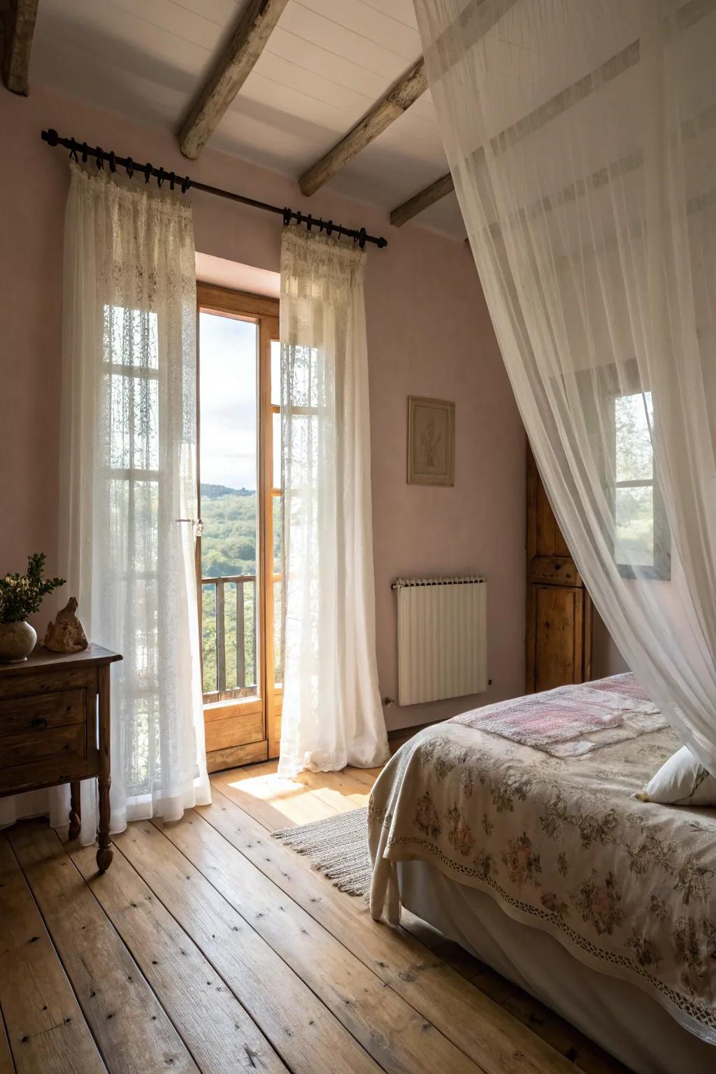 Light filtering panels gently filtering light to create a serene farmhouse bedroom.