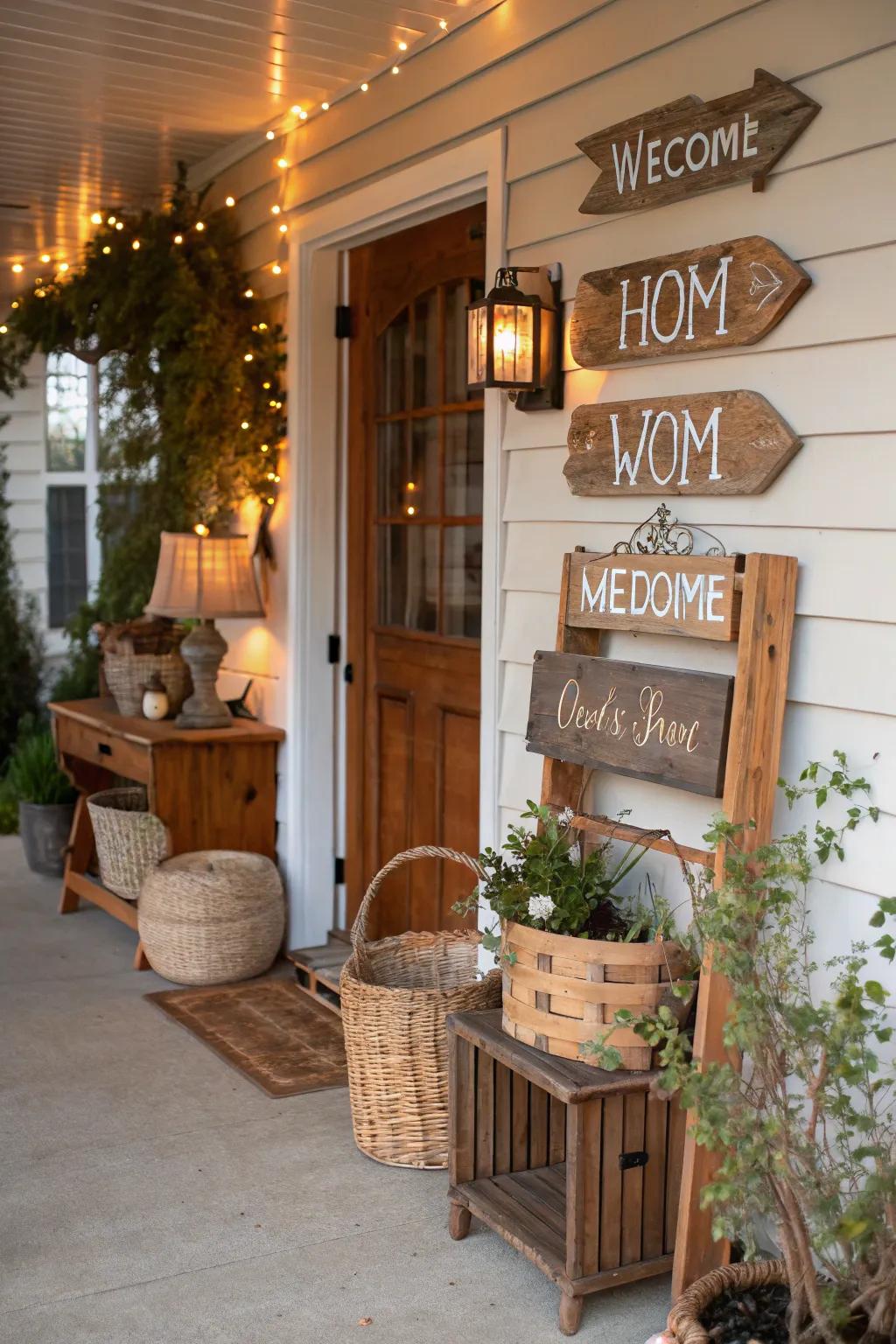 A welcoming countryside entryway adorned with charming timber plaques.