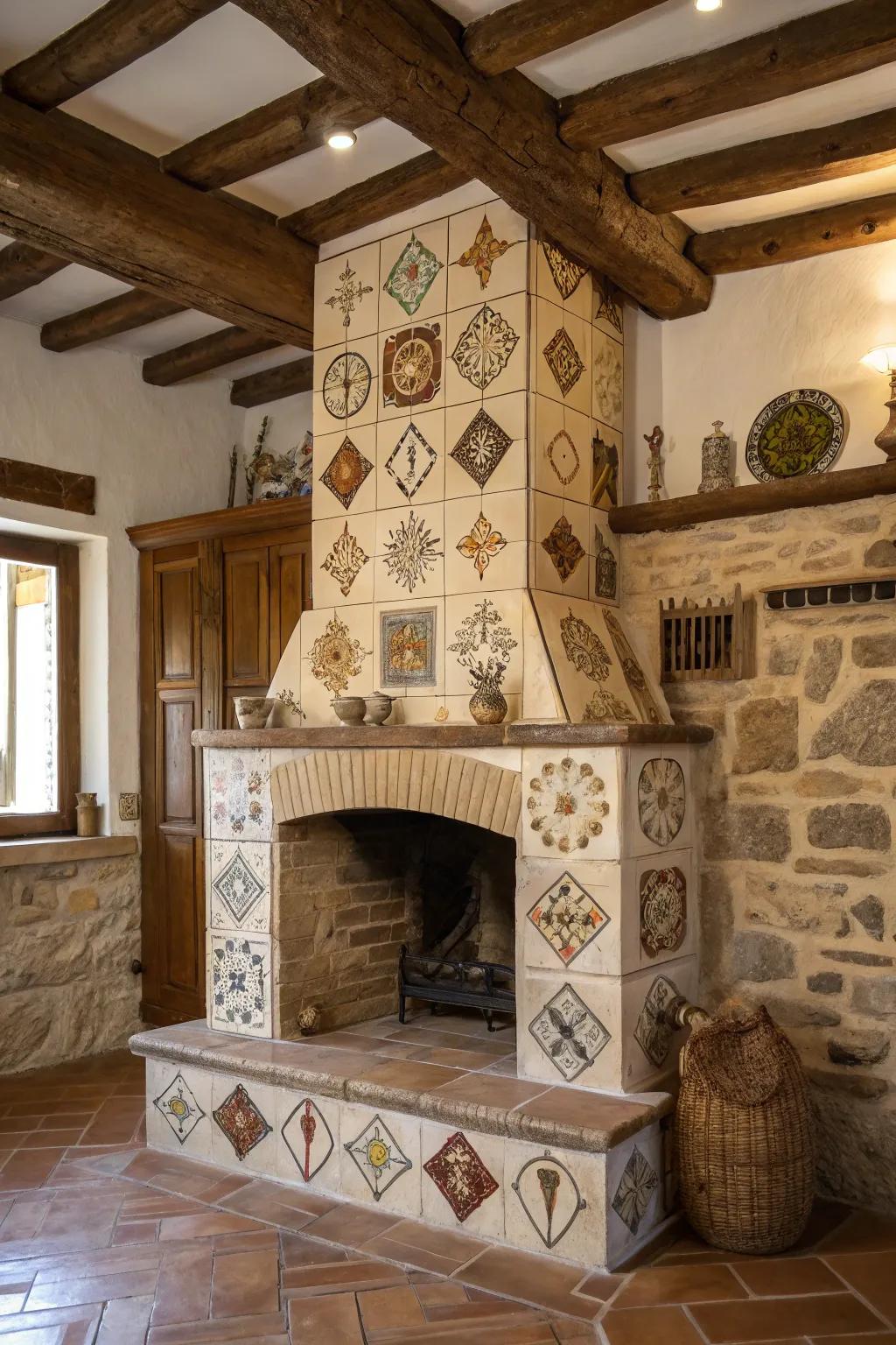 Diverse tile designs contributing uniqueness to a farmhouse fireplace.