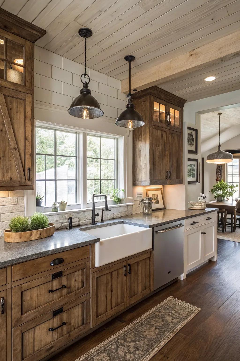 A blend of modern and classic elements creating a unique farmhouse cooking area.