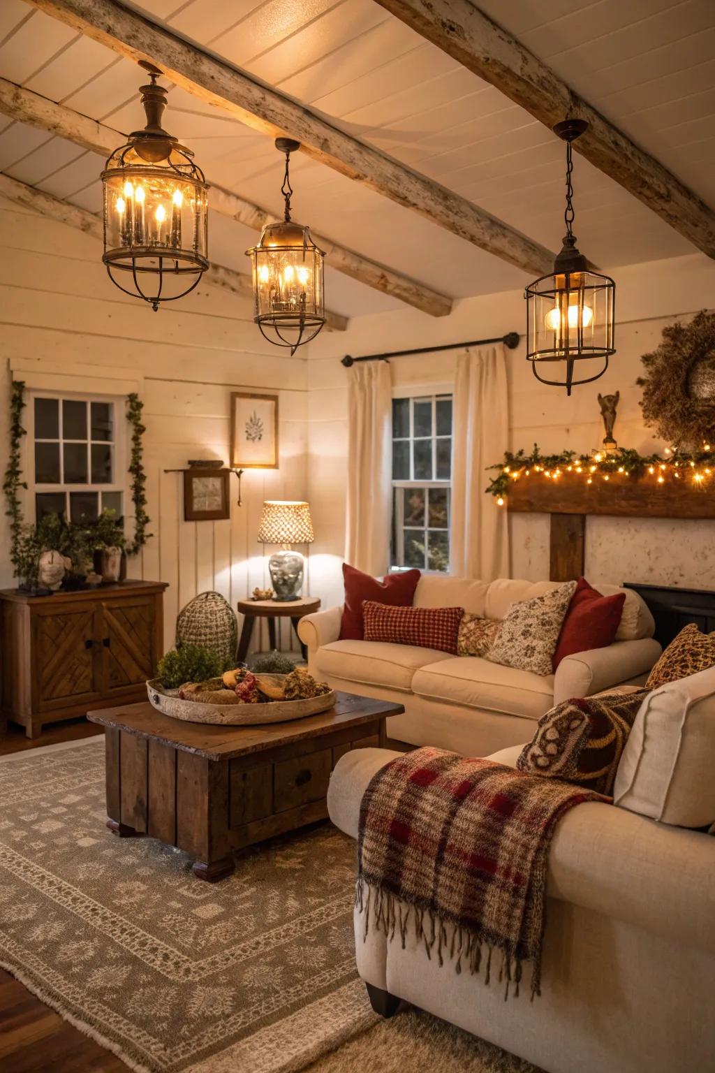 Vintage lighting casts a warm, nostalgic glow in this farmhouse living space.