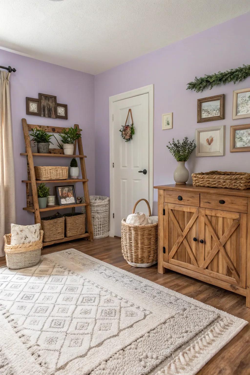 Light lilac walls offer a fresh, airy feel to this farmhouse space.