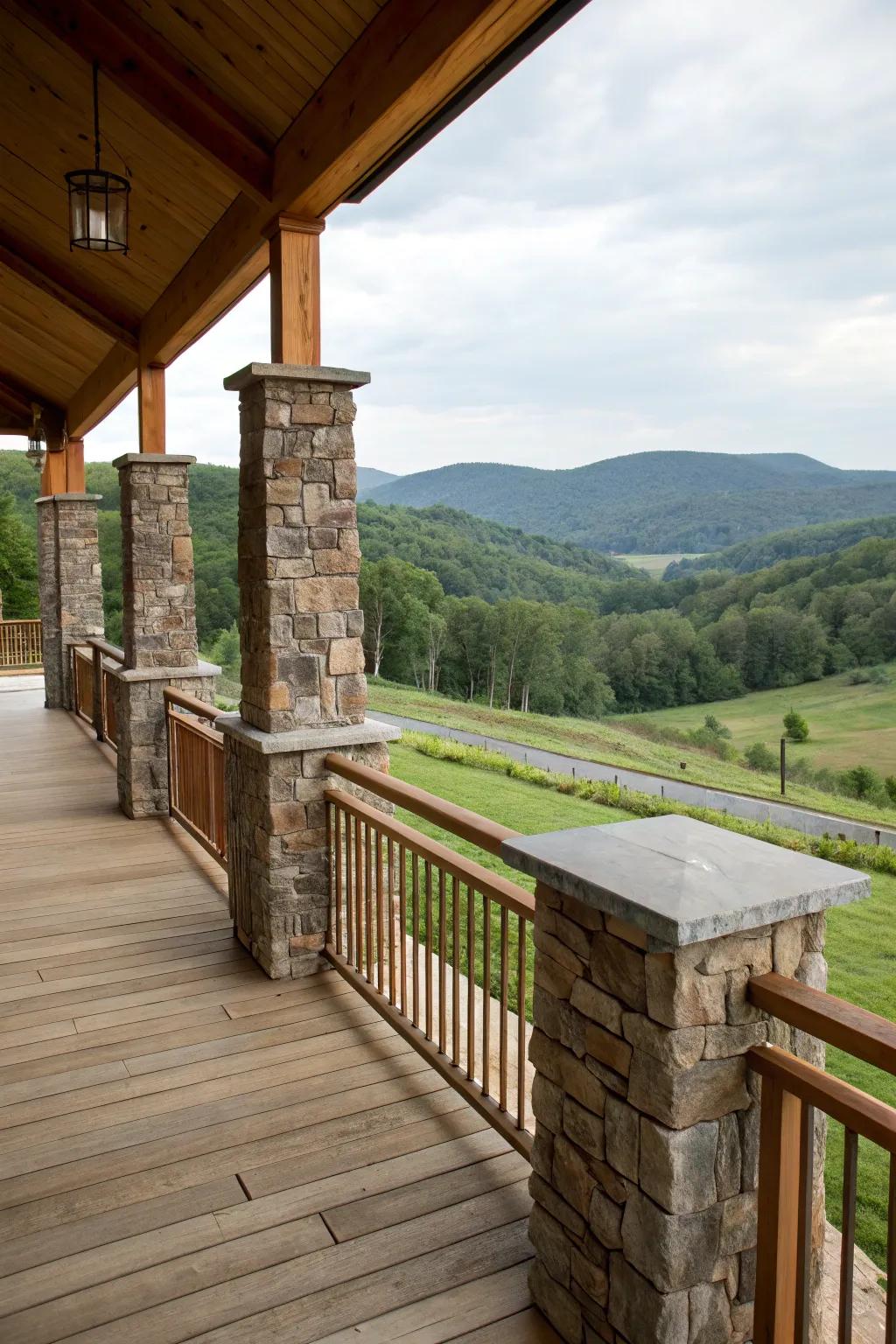 Sturdy elegance: Stone features in deck railing.