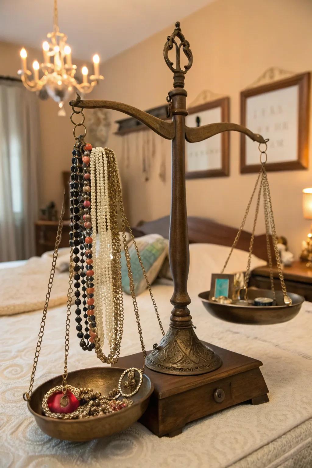 A chic jewelry exhibit employing a classic balance.