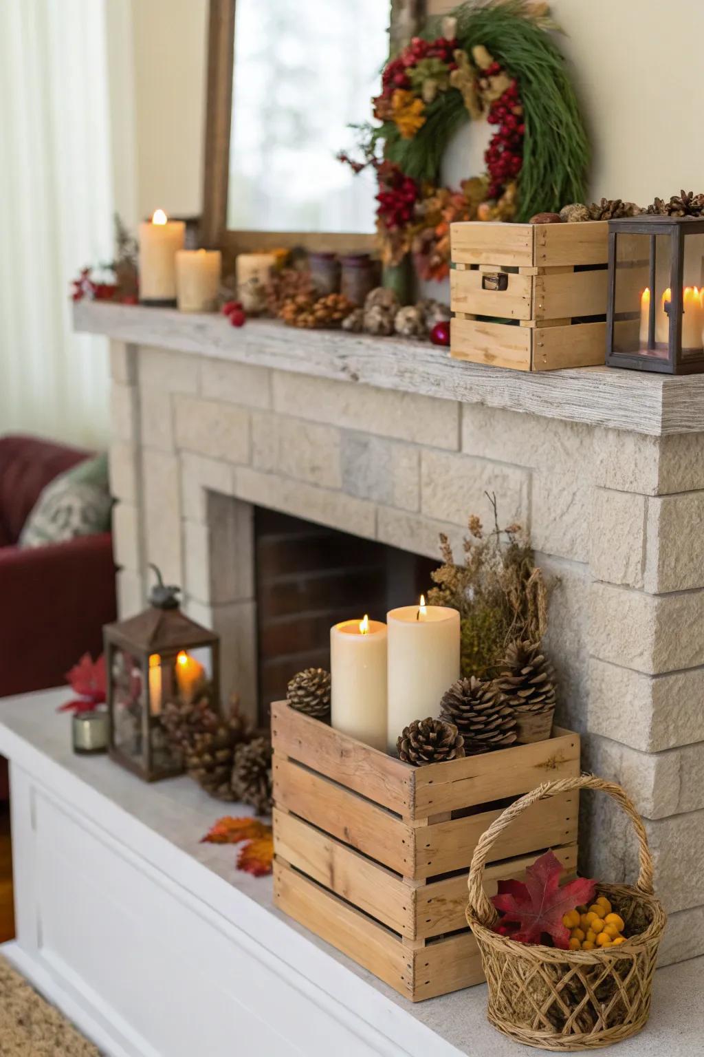 Create a cozy fireplace display with boxes.