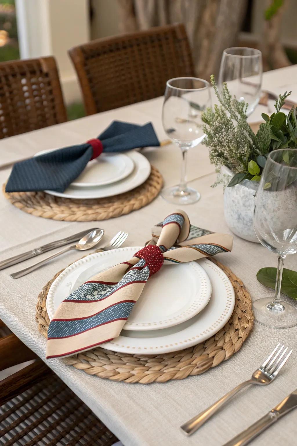 Incorporate a playful element using DIY necktie napkin rings.