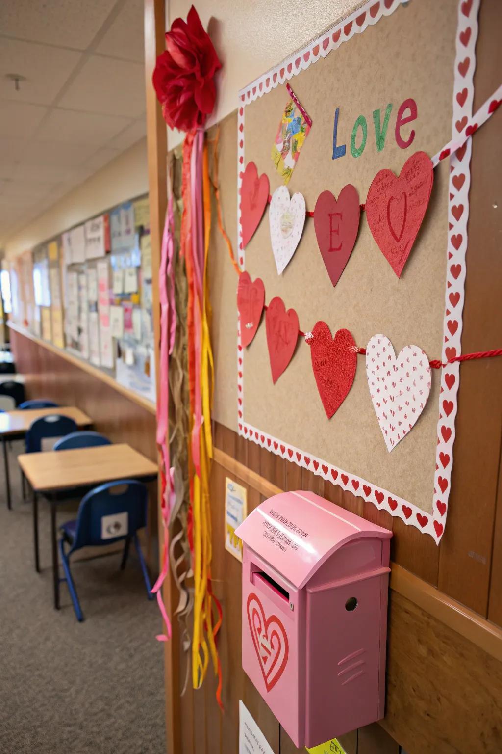A message box-themed bulletin board for dropping valentine notes.