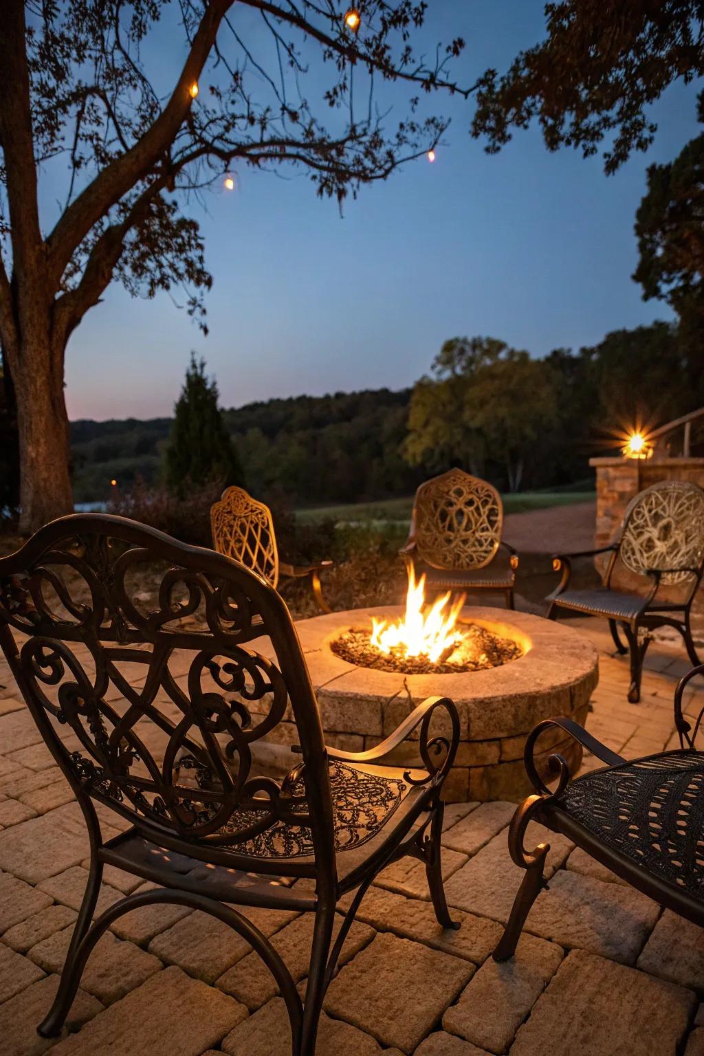 Vintage iron chairs add a nostalgic charm to any fire pit area.