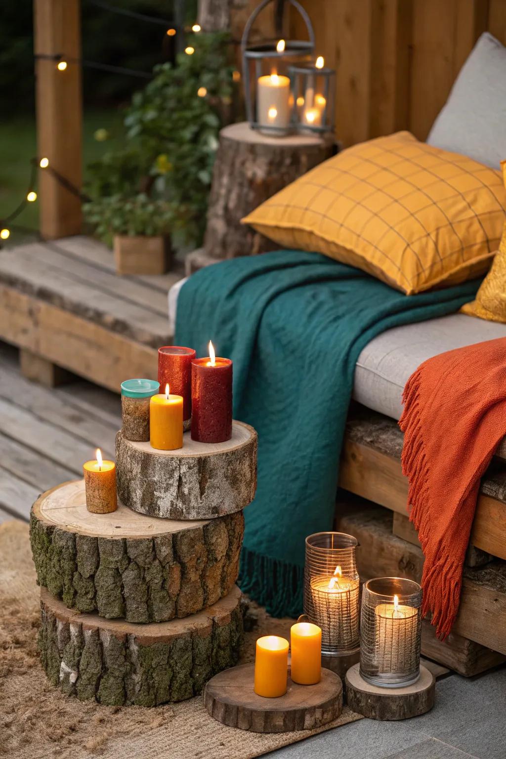 Embrace countryside charm with light sources on logs for a snug cabin vibe.