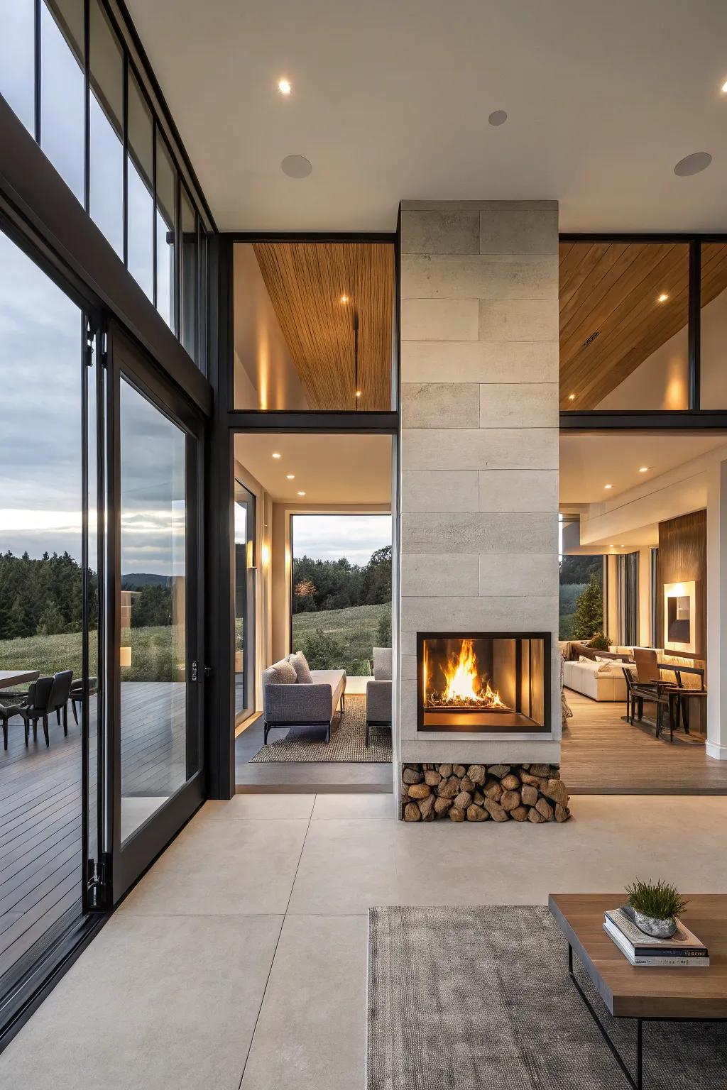 Improve your home's flow with a see-through fireplace.