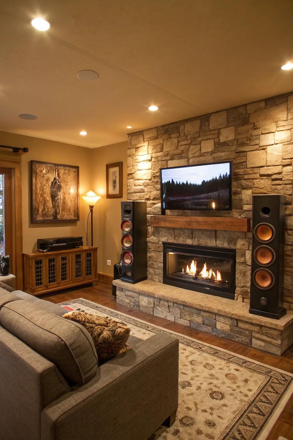 A family room showcasing an integrated sound set-up in the fireplace wall.