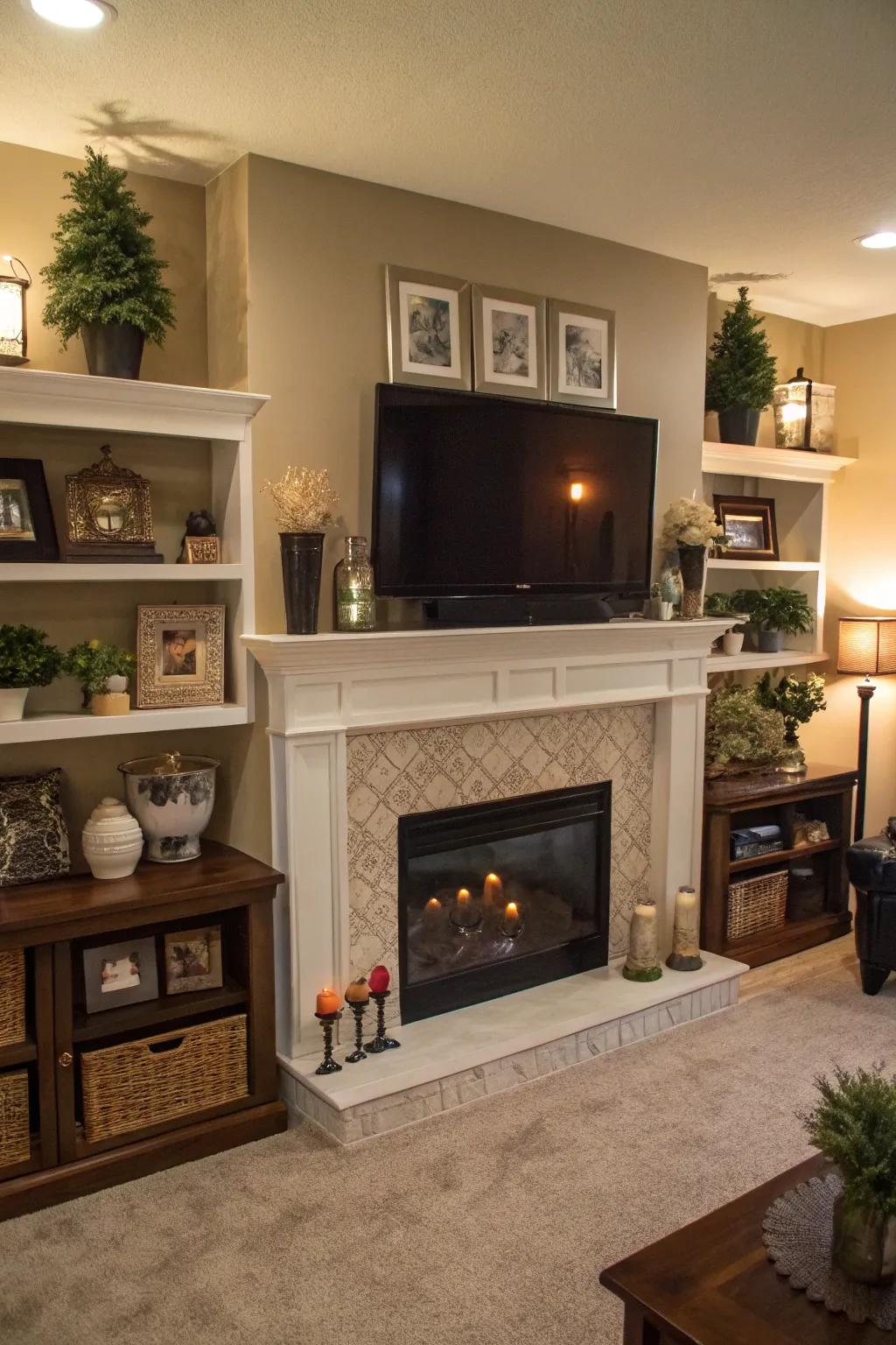 A tiered mantel displaying varied décor.