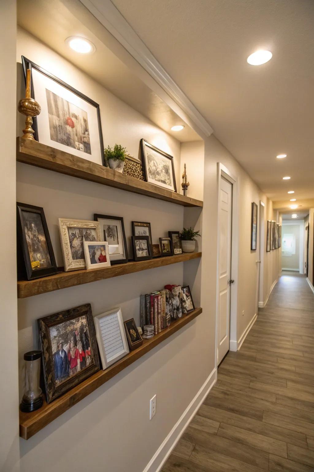 Wall-mounted ledges in the passageway for a personal touch.