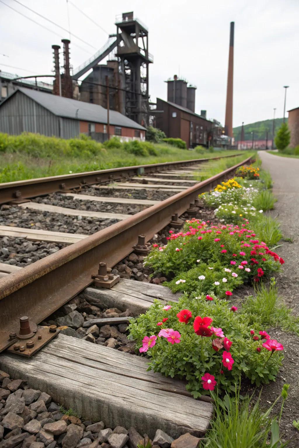 Railroad ties furnishing a robust and industrial flower bed border.