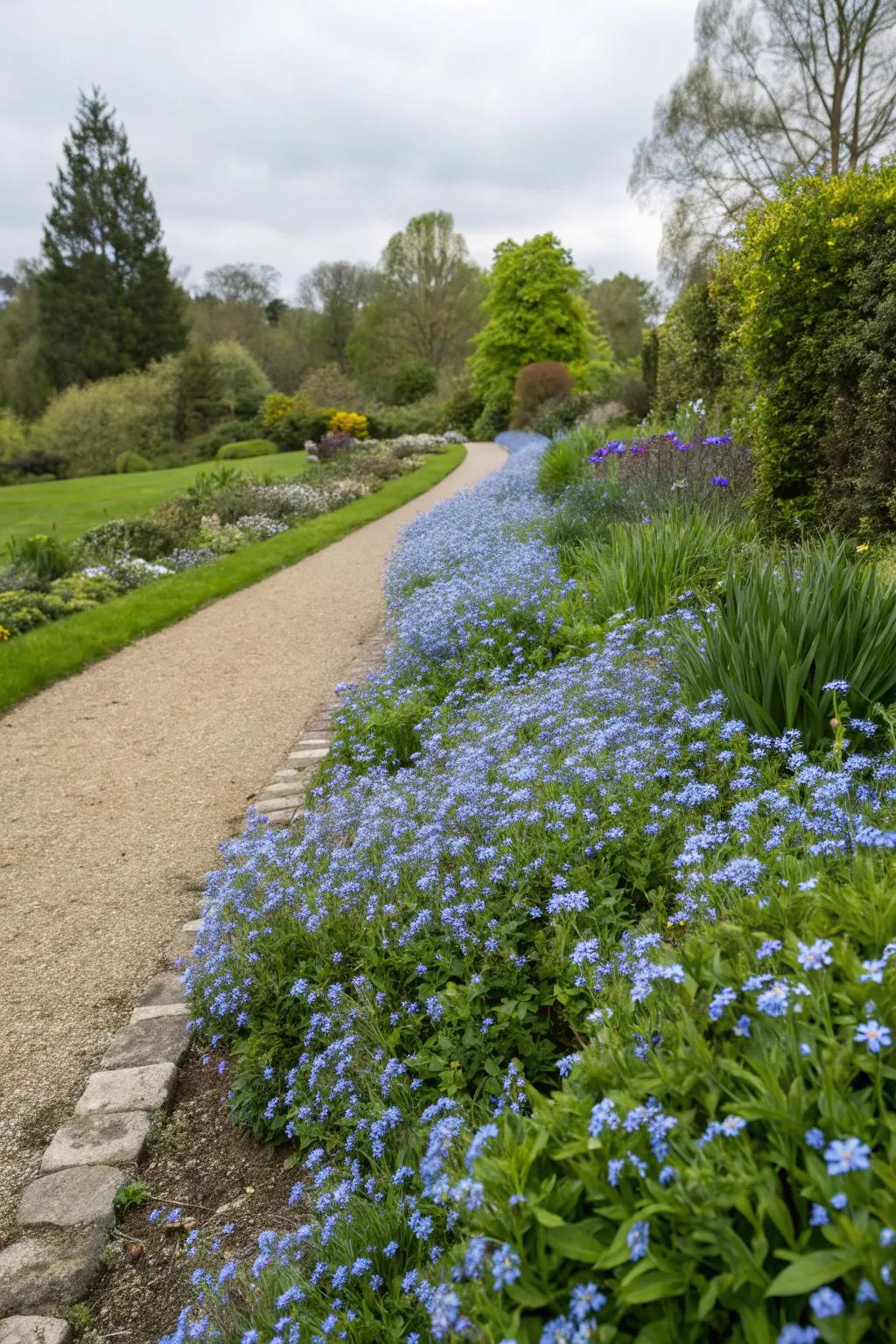Forget-me-nots along garden perimeters furnish a gentle transition.