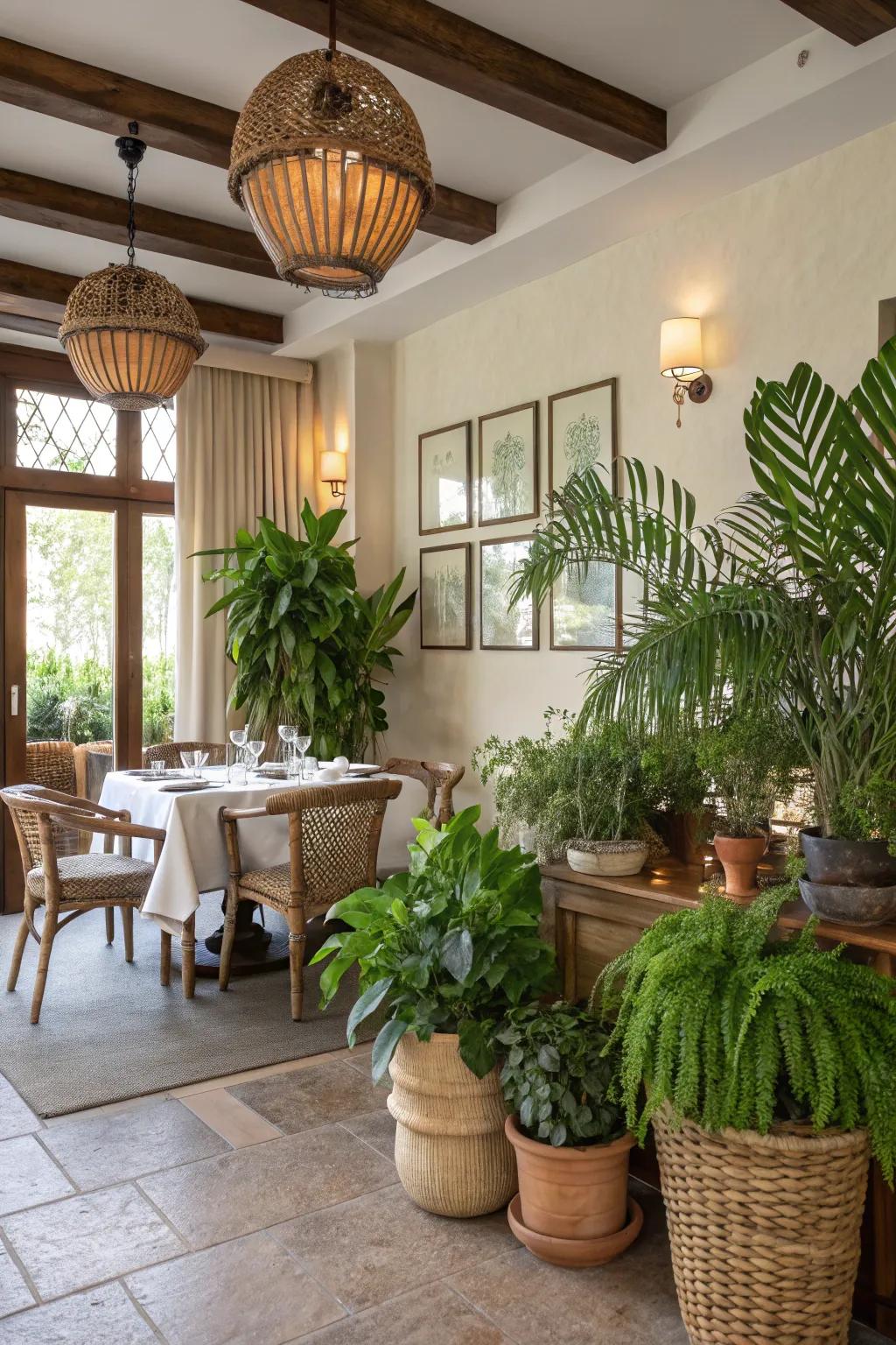 Organic elements like plants bring life and freshness to your dining space.