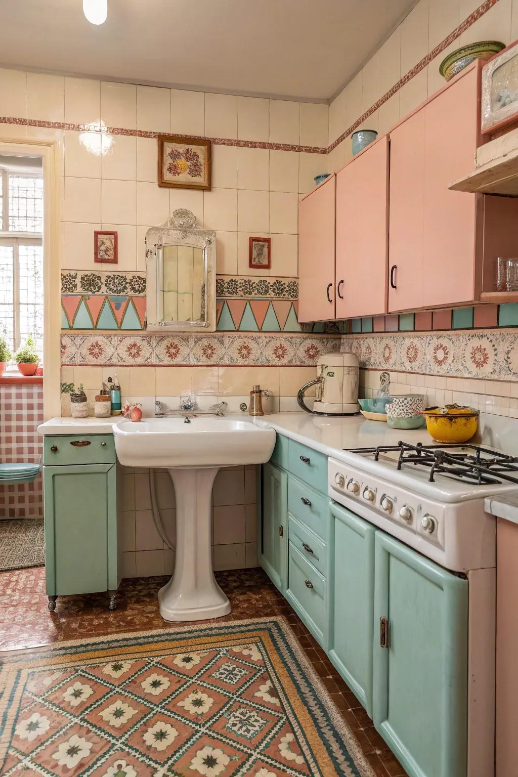 A retro-inspired kitchen featuring bold features that complement an unattached sink.