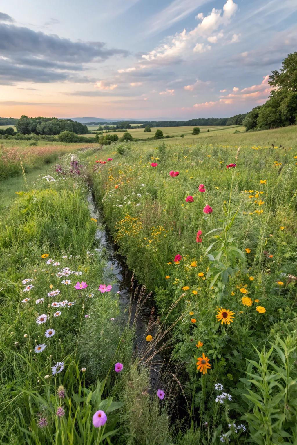 A colorful wildflower meadow thriving around a hidden drainage system.