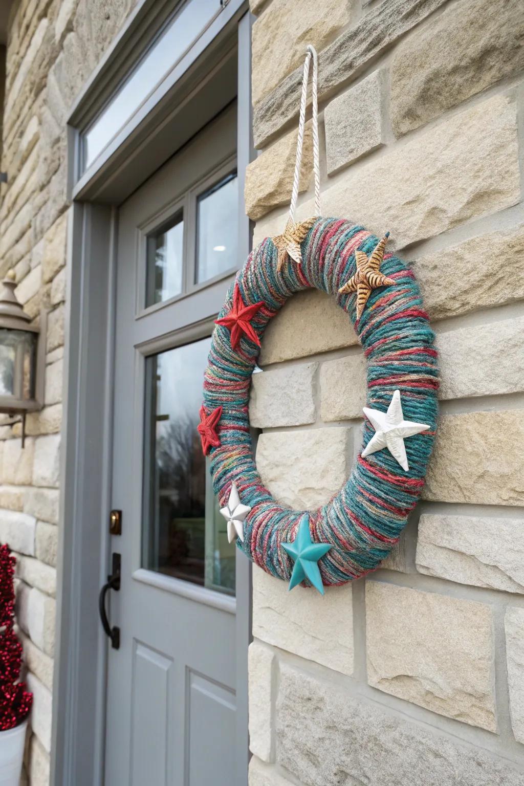 A warm and textured patriotic thread wreath.