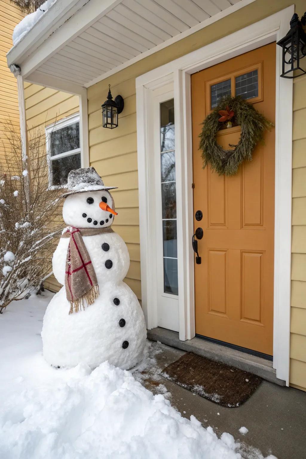 A playful snow figure introduces a cheerful holiday accent.