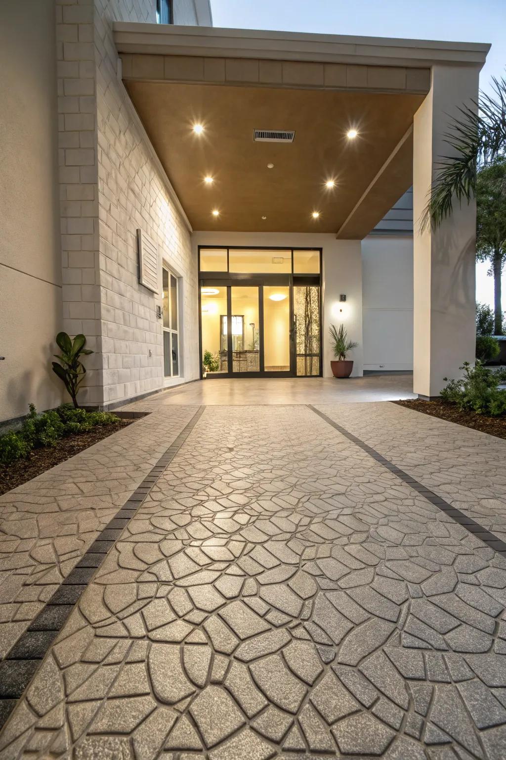 Textured ground covering contributing a unique and elegant element to the entrance.