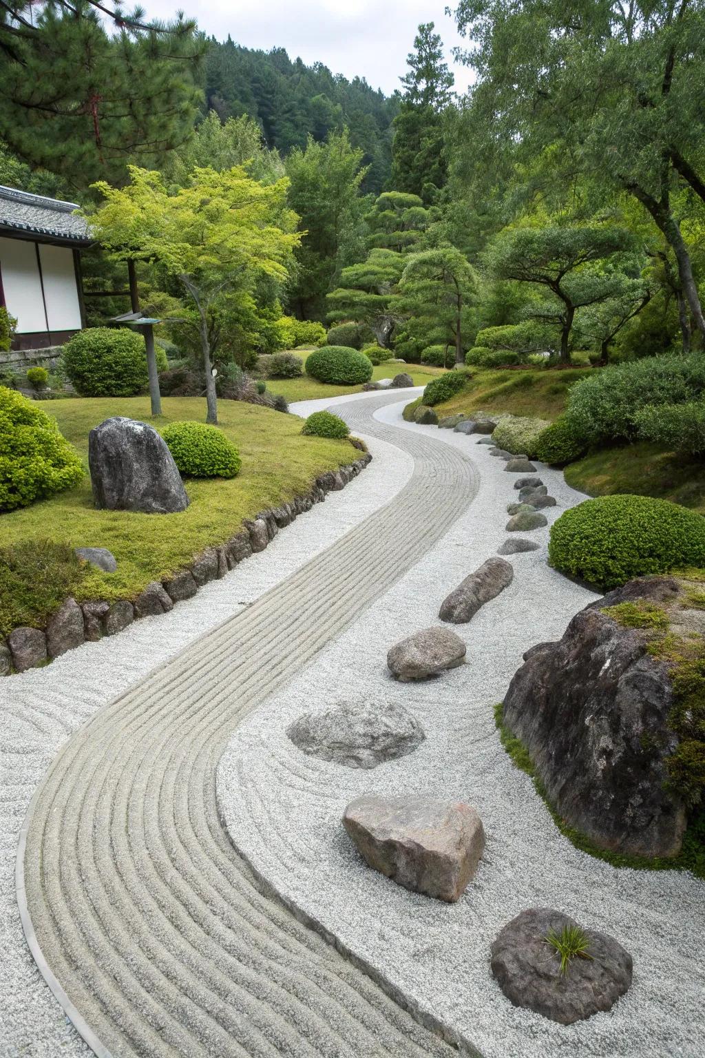 A tranquil peaceful garden path leading to a serene home entry.